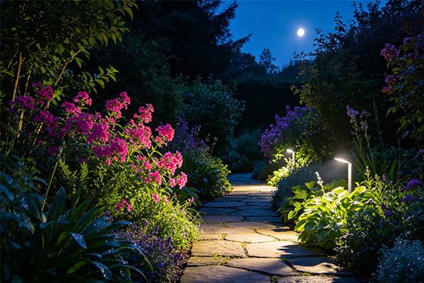 An outdoor garden path at night illuminated with high CRI lighting, showing vibrant plant colors.
